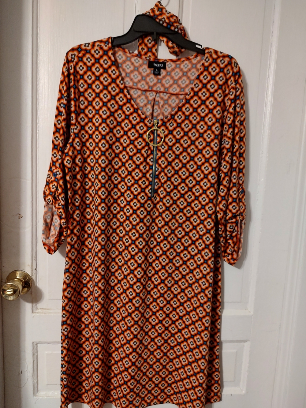 Tacera Orange Geometric Shift Dress with Zip Detail